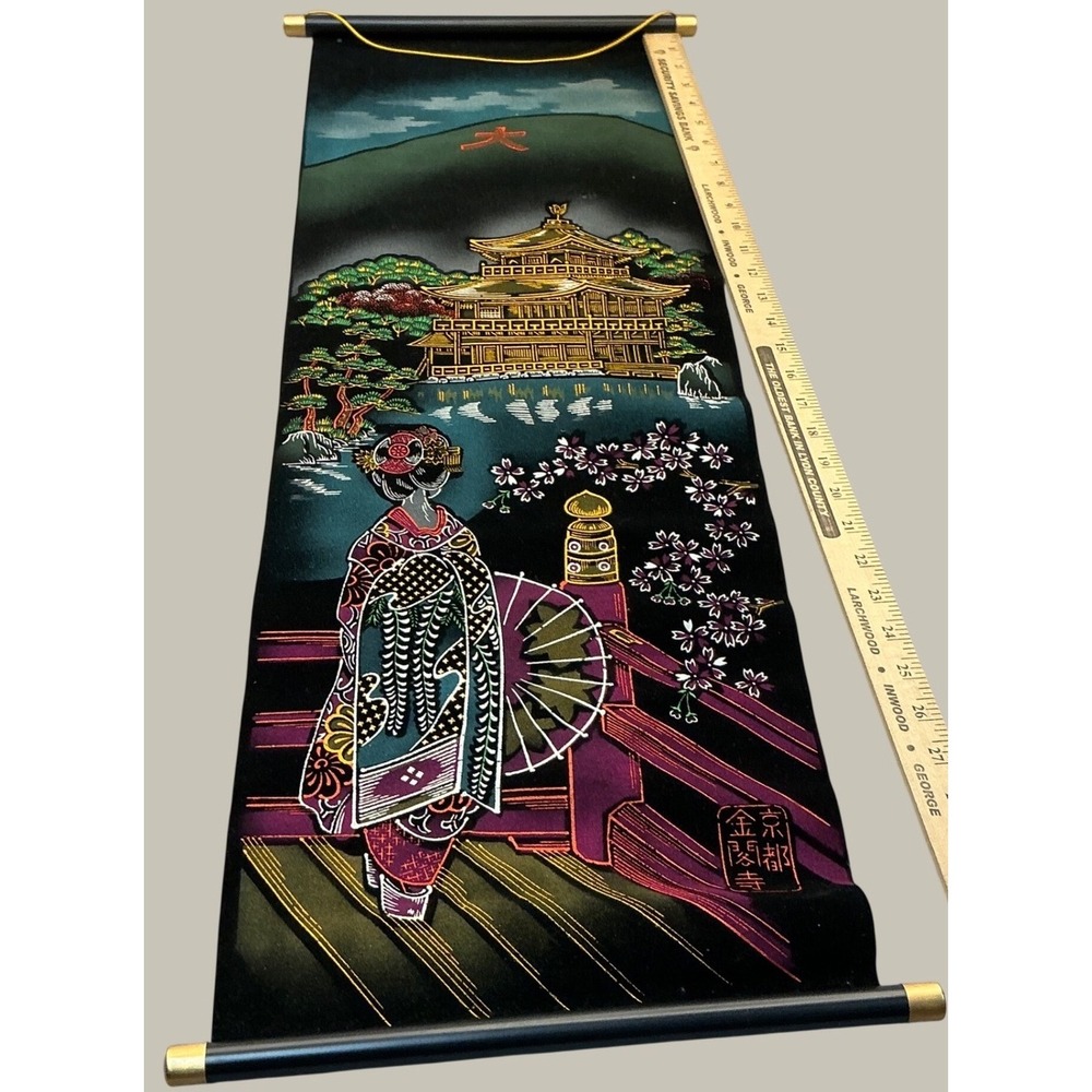 Vintage Japanese Wall Scroll Geisha Golden Pavilion Kyoto Black Velvet 34"